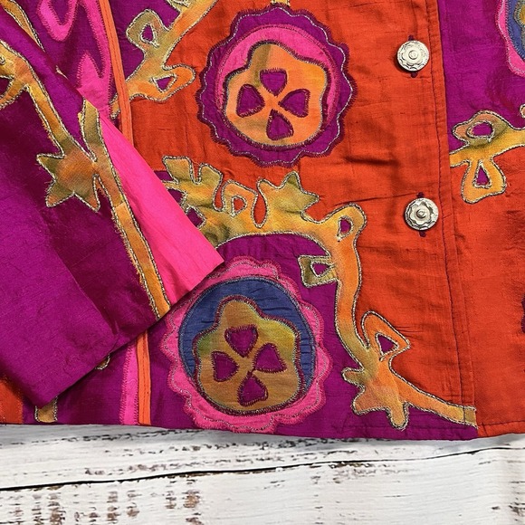 Vtg Sandy Starkman Women's M Boho Pink Neon Bright Silk Blend Embroidered Jacket - Picture 2 of 9